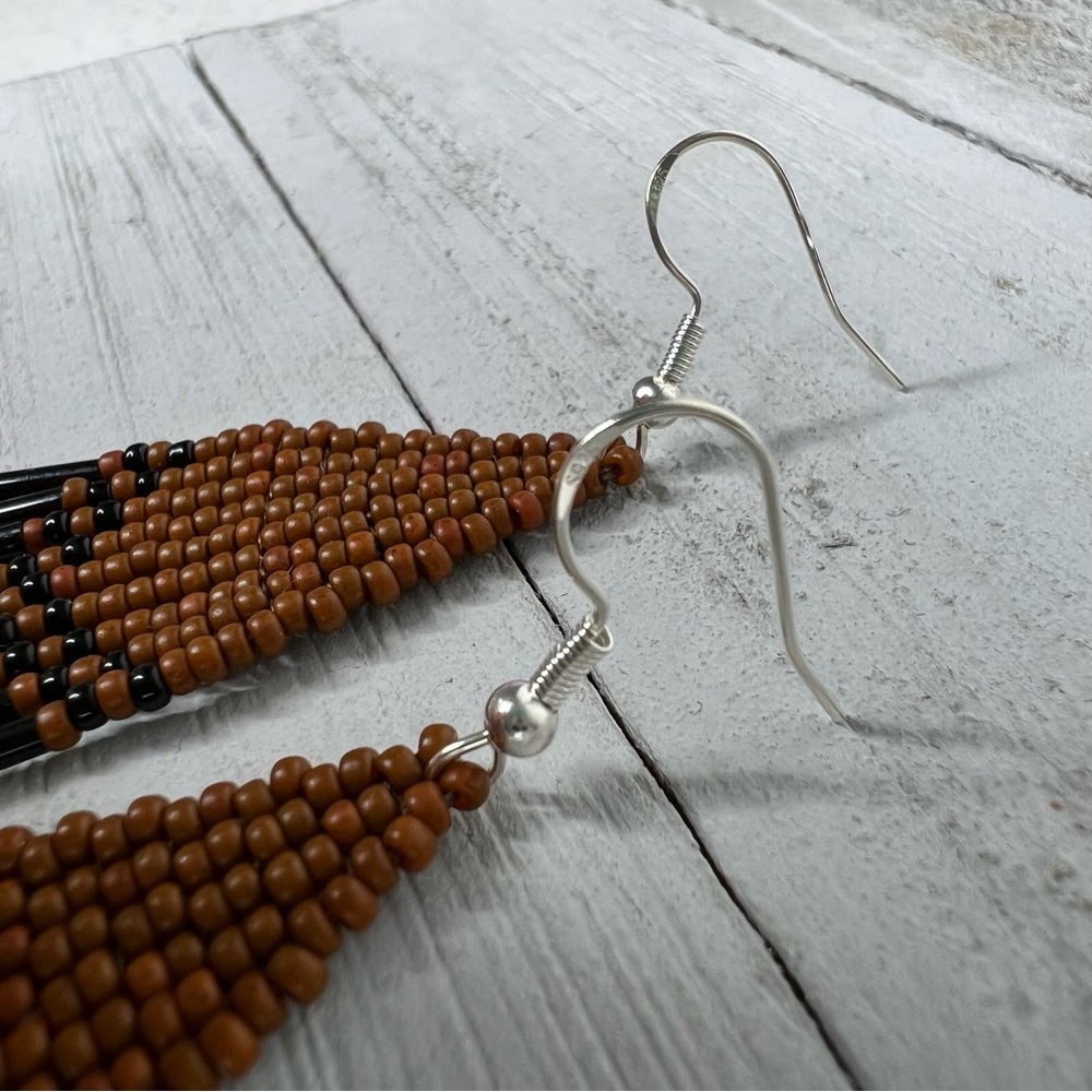 Boho Seed Beaded Earrings Brown Black Fringe Dangle Drop Earrings 4 in - Picture 5 of 6